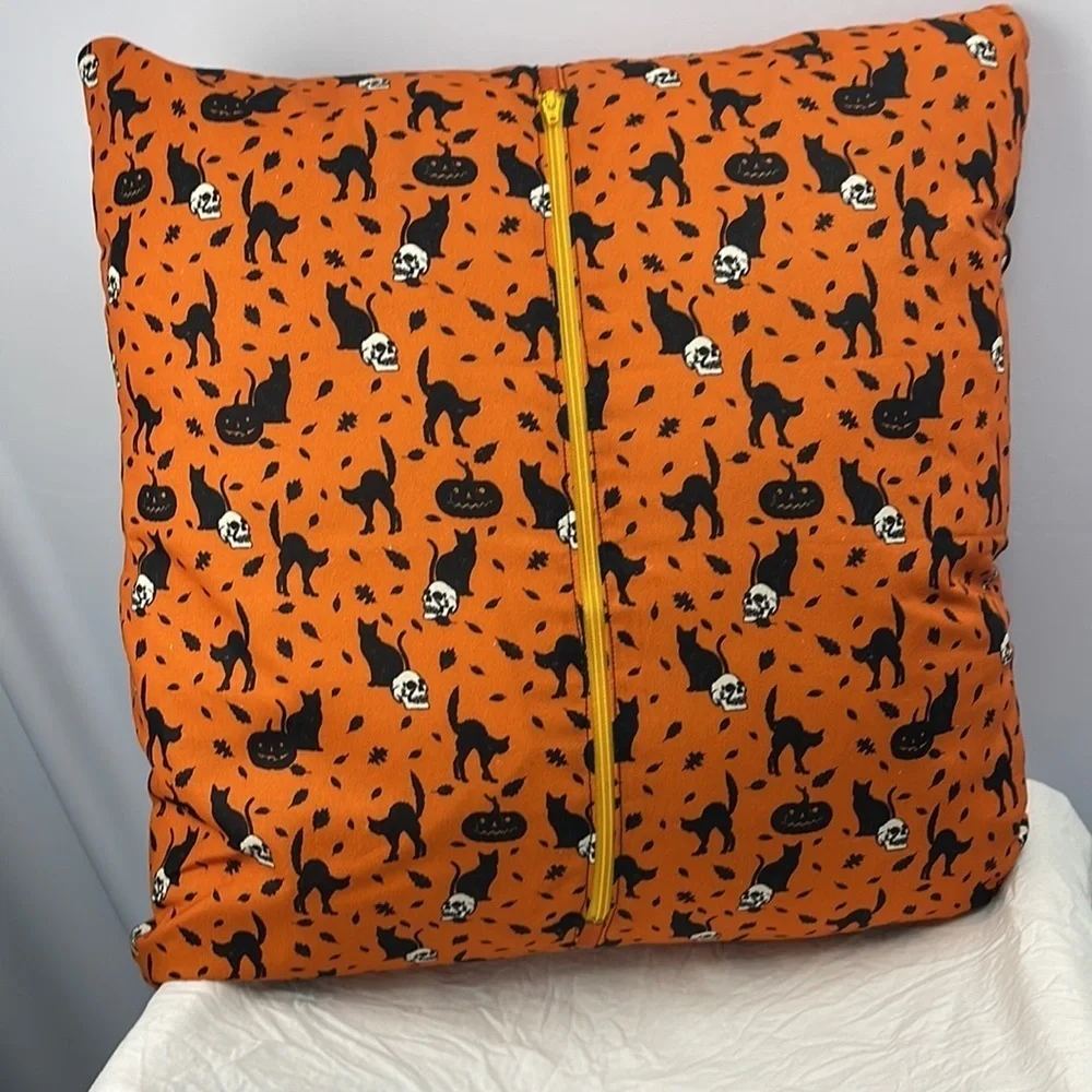 Homemade brand new accent T-shirt pillow. Black and orange autumn skull.